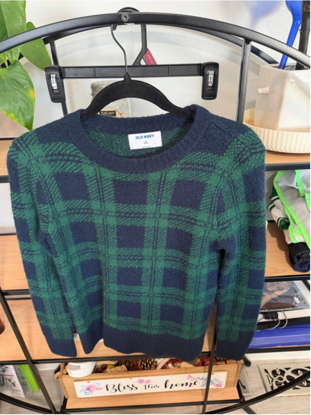 Women's Old Navy Plaid Crew Neck Sweater Green Navy Blue Size XSP